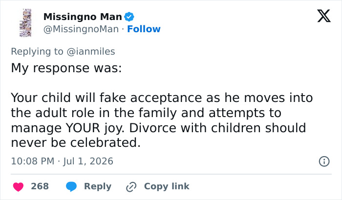 A tweet about 'Malcom In The Middle' star and their divorce announcement. It says, 'Your child will fake acceptance as he moves into the adult role in the family and attempts to manage YOUR joy. Divorce with children should never be celebrated.'