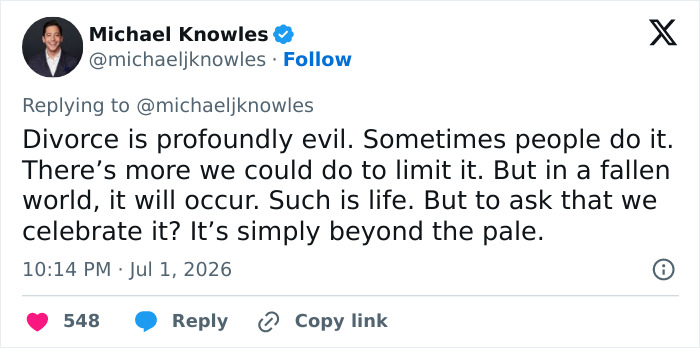 Michael Knowles tweets about divorce being evil, responding to the announcement.