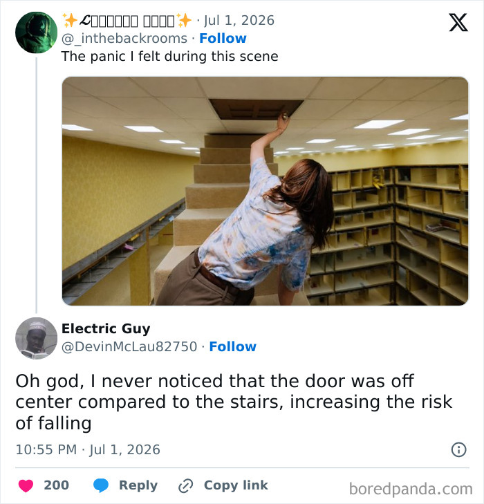 A meme about funny pop culture posts, showing a person on stairs reaching for a ceiling door with text about falling.