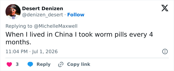 Screenshot of a social media post from Desert Denizen, sharing experience with worm pills for a medical horror story.