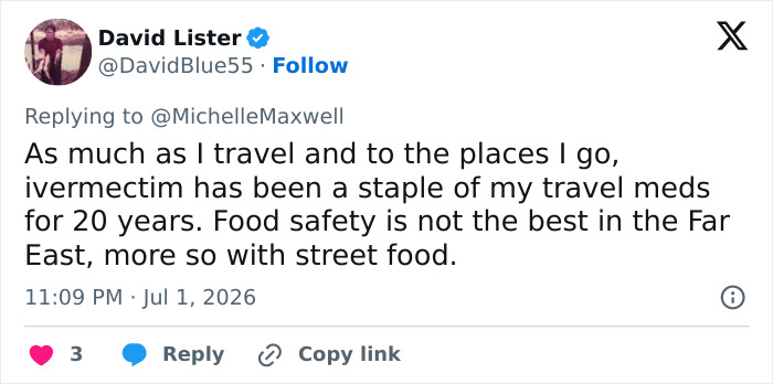 Tweet by David Lister about using ivermectin for travel meds, related to the brain cancer horror story.