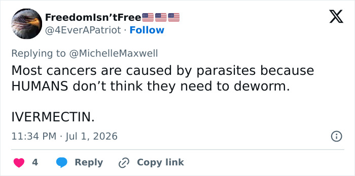 Tweet by FreedomIsn'tFree claiming cancers are caused by parasites and mentioning ivermectin, concerning the brain cancer horror story.
