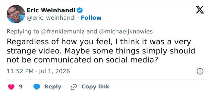 Eric Weinhandl's tweet about a strange divorce announcement video from a Malcolm In The Middle star.