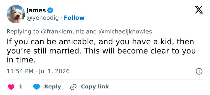 James's tweet reply regarding marriage and kids after a divorce announcement from a Malcolm In The Middle star.