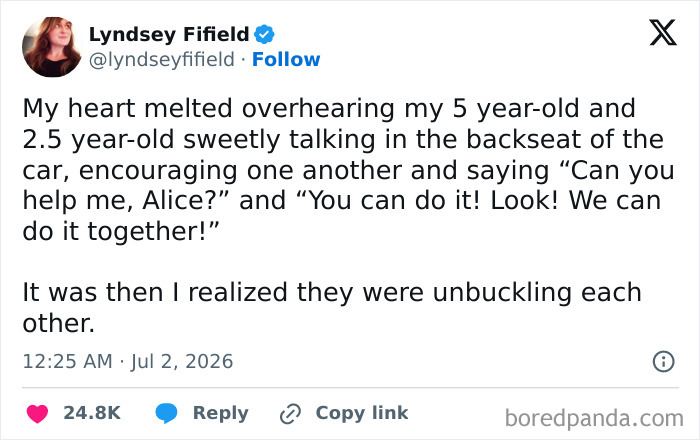 A funny meme about raising kids, showing a tweet from Lyndsey Fifield about her children unbuckling each other in the car.