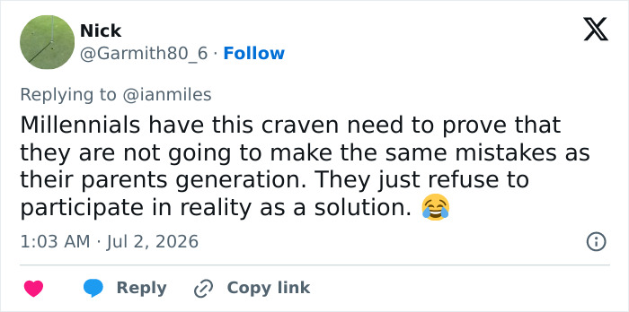 A tweet about 'Malcom In The Middle' star and their divorce announcement. It says, 'Millennials have this craven need to prove that they are not going to make the same mistakes as their parents generation. They just refuse to participate in reality as a solution.'