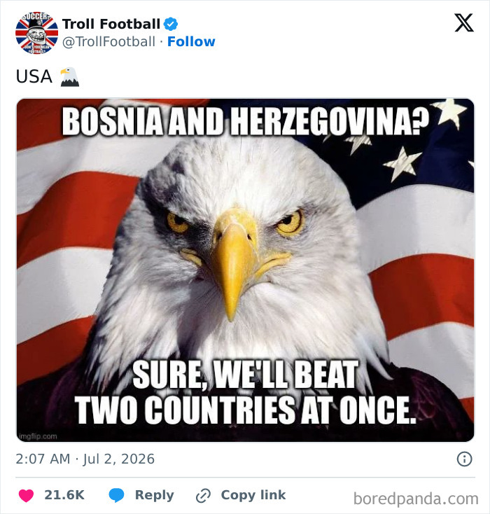An American bald eagle meme for the World Cup 2026, stating it will beat two countries at once.