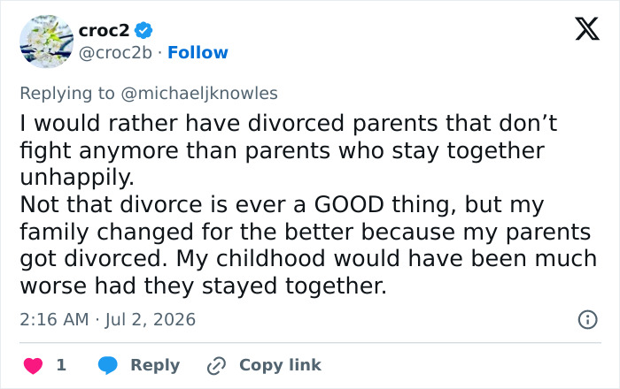 croc2's tweet about positive outcomes of divorce for a Malcolm In The Middle star's situation.