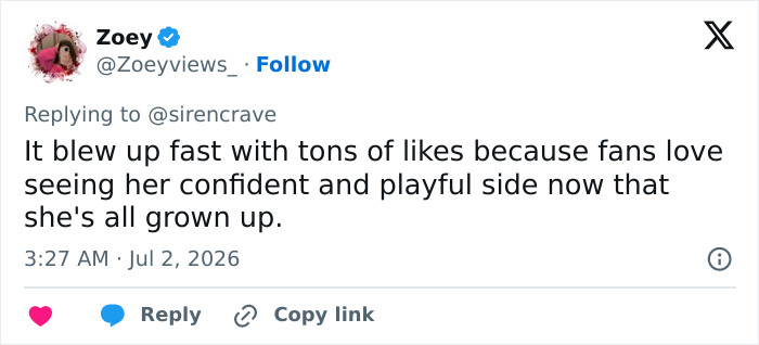 Screenshot of a fan's tweet about Millie Bobby Brown's confident and playful side, discussing fans' anger. Screenshot of a fan's tweet about Millie Bobby Brown's confident and playful side, discussing fans' anger.