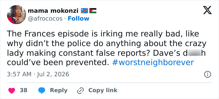 A social media post with #worstneighborever, where a user expresses frustration about the police and false reports.