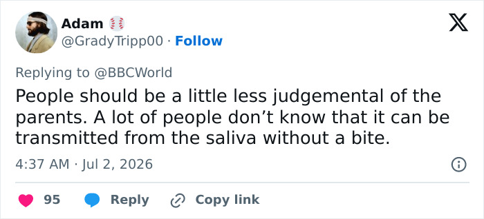 A tweet about people being less judgemental of parents, noting bat saliva transmission and tragic loss of life. A tweet about people being less judgemental of parents, noting bat saliva transmission and tragic loss of life.