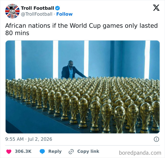 A man looking at a collection of golden World Cup 2026 trophies, a meme about African nations winning the World Cup.