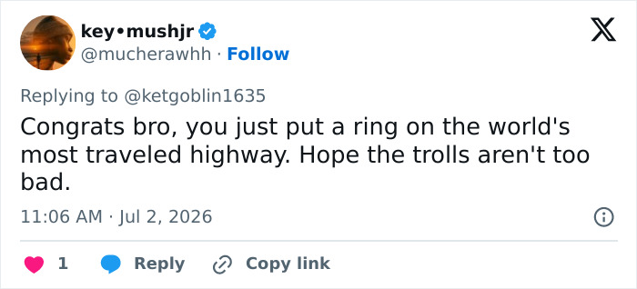 Screenshot of a tweet from key•mushjr about Bonnie Blue wedding photos, saying Congrats bro, you just put a ring on the worlds most traveled highway. Screenshot of a tweet from key•mushjr about Bonnie Blue wedding photos, saying Congrats bro, you just put a ring on the worlds most traveled highway.