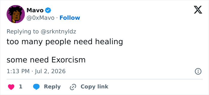 Social media comment about people needing healing and exorcism