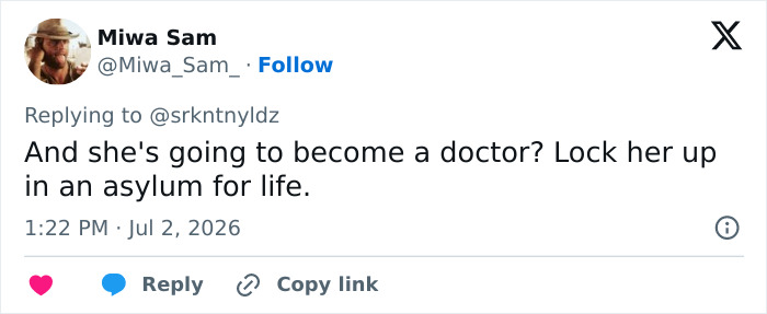 Social media comment criticizing medical student and calling for asylum