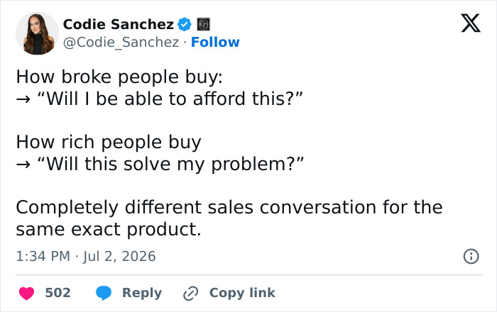A tweet by Codie Sanchez contrasting how broke people and rich people buy, relating to questionable renovations that devalued homes. A tweet by Codie Sanchez contrasting how broke people and rich people buy, relating to questionable renovations that devalued homes.