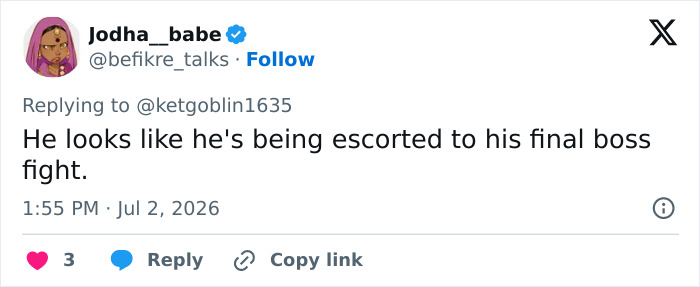 Screenshot of a social media comment: Jodha__babe says, He looks like he's being escorted to his final boss fight, commenting on the Bonnie Blue wedding photos. Screenshot of a social media comment: Jodha__babe says, He looks like he's being escorted to his final boss fight, commenting on the Bonnie Blue wedding photos.