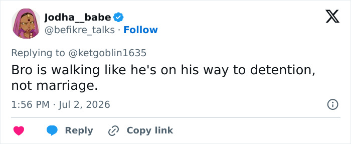 Screenshot of a tweet from Jodha_babe saying Bro is walking like hes on his way to detention, not marriage about Bonnie Blue wedding photos. Screenshot of a tweet from Jodha_babe saying Bro is walking like hes on his way to detention, not marriage about Bonnie Blue wedding photos.