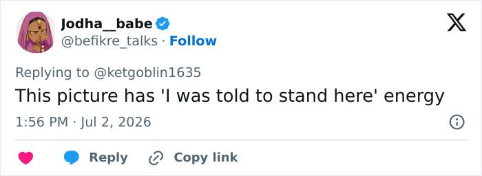 Screenshot of a tweet from Jodha_babe saying This picture has I was told to stand here energy about Bonnie Blue wedding photos. Screenshot of a tweet from Jodha_babe saying This picture has I was told to stand here energy about Bonnie Blue wedding photos.