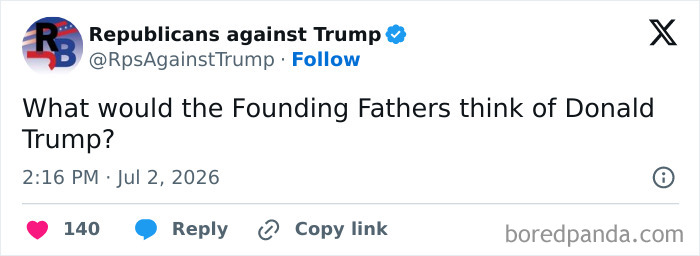A tweet from Republicans against Trump asking about the Founding Fathers opinion of Donald Trump. A tweet from Republicans against Trump asking about the Founding Fathers opinion of Donald Trump.