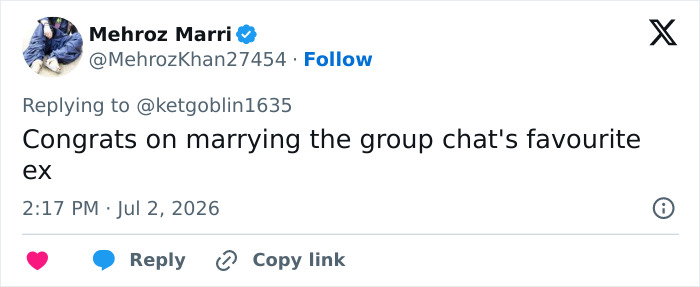 A social media post with a congratulatory yet snarky comment on the wedding photos. A social media post with a congratulatory yet snarky comment on the wedding photos.