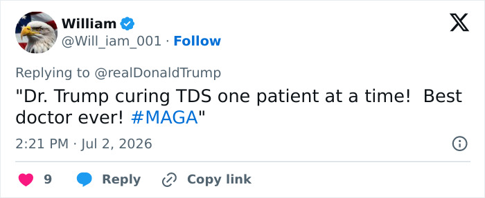 A tweet from William, with an eagle profile picture, praising a video of Trump as a doctor diagnosing celebrities. A tweet from William, with an eagle profile picture, praising a video of Trump as a doctor diagnosing celebrities.