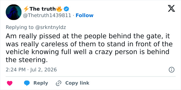 Social media comment blaming people at gate for carelessness around vehicle
