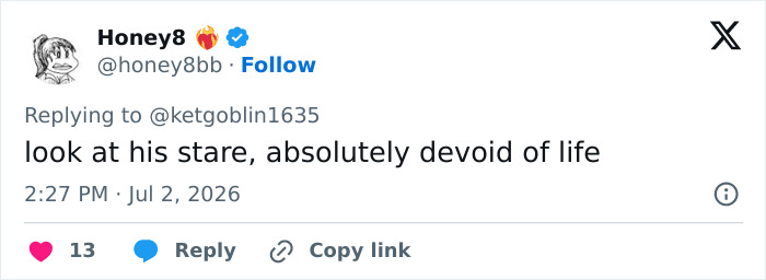 Screenshot of a social media comment: Honey8 says, look at his stare, absolutely devoid of life, concerning the Bonnie Blue wedding photos. Screenshot of a social media comment: Honey8 says, look at his stare, absolutely devoid of life, concerning the Bonnie Blue wedding photos.