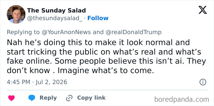 A tweet from The Sunday Salad discussing Trump's video possibly tricking the public about what's real and fake online. A tweet from The Sunday Salad discussing Trump's video possibly tricking the public about what's real and fake online.