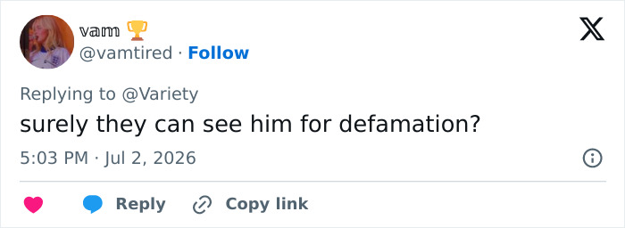 A social media post questioning legal action for defamation against Trump's video diagnosing celebrities. A social media post questioning legal action for defamation against Trump's video diagnosing celebrities.
