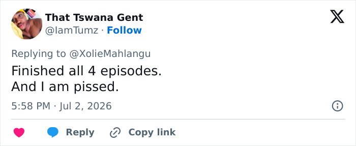 A screenshot of a tweet from That Tswana Gent expressing anger after watching all 4 episodes related to the worst neighbor.