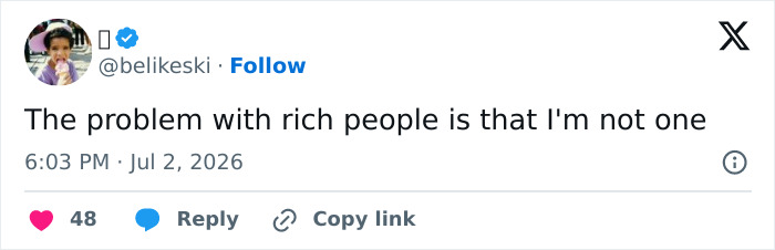 A social media post expressing a desire to be rich, not related to renovations that devalue homes. A social media post expressing a desire to be rich, not related to renovations that devalue homes.