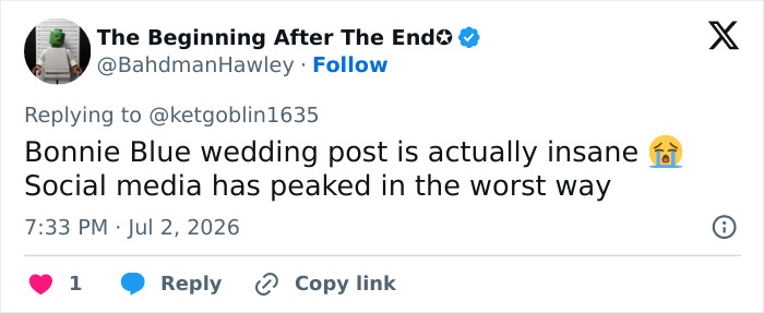 A third social media post commenting on Bonnie Blue's wedding photos after the disturbing baby shower scandal. A third social media post commenting on Bonnie Blue's wedding photos after the disturbing baby shower scandal.