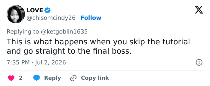 Screenshot of a social media comment: LOVE says, This is what happens when you skip the tutorial and go straight to the final boss, about the Bonnie Blue wedding photos. Screenshot of a social media comment: LOVE says, This is what happens when you skip the tutorial and go straight to the final boss, about the Bonnie Blue wedding photos.