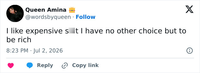A tweet from Queen Amina about being rich, reflecting potential celeb home devaluations due to questionable renovations. A tweet from Queen Amina about being rich, reflecting potential celeb home devaluations due to questionable renovations.