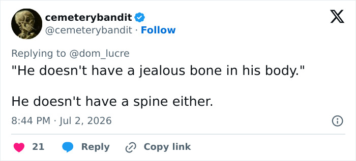 A social media post about Lily Phillips' boyfriend's reaction to her job, stating he has no jealousy or spine. A social media post about Lily Phillips' boyfriend's reaction to her job, stating he has no jealousy or spine.