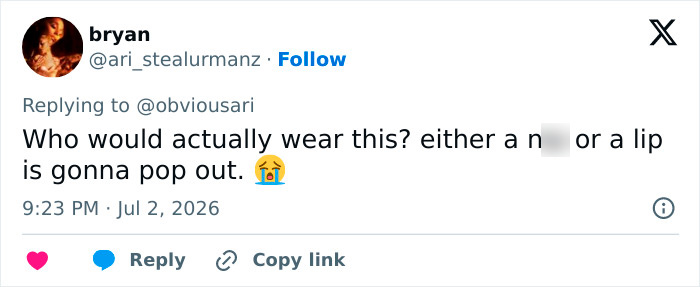 A social media post from Bryan commenting on Kim Kardashian's micro bikini, asking who would wear it. A social media post from Bryan commenting on Kim Kardashian's micro bikini, asking who would wear it.