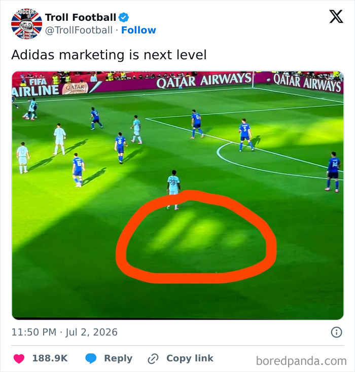 A World Cup 2026 field with an Adidas logo shadow, highlighting clever marketing during the World Cup.