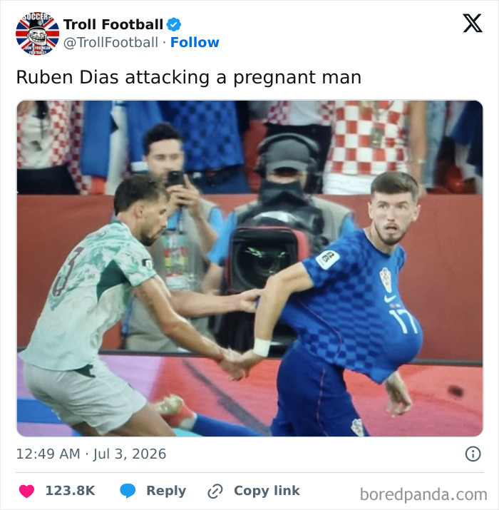 Ruben Dias and another player in a humorous World Cup 2026 meme, depicting a pregnant man.