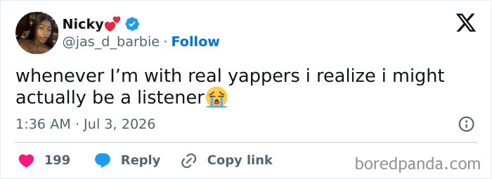 A funny post about realizing one is a listener when with real yappers, depicting the reality of being an adult.