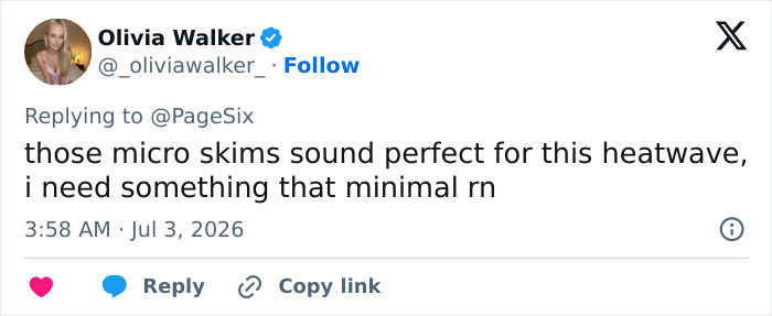 A tweet by Olivia Walker about Kim Kardashian's micro bikini, noting they sound perfect for a heatwave. A tweet by Olivia Walker about Kim Kardashian's micro bikini, noting they sound perfect for a heatwave.