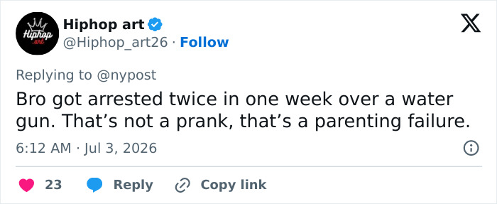 A social media comment from Hiphop art criticizes the 14-year-old boy's parents after he was arrested twice. A social media comment from Hiphop art criticizes the 14-year-old boy's parents after he was arrested twice.