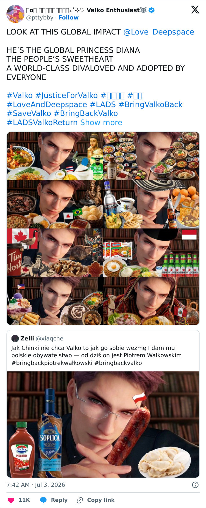 A collage of images showing the canceled Love and Deepspace love interest, Valko, with various global foods and flags. A collage of images showing the canceled Love and Deepspace love interest, Valko, with various global foods and flags.