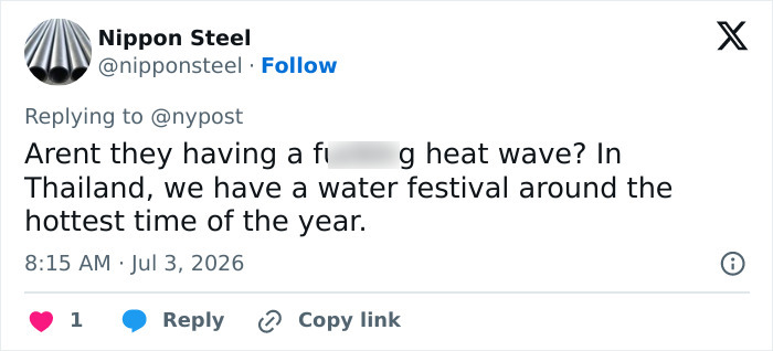 A tweet by Nippon Steel about a water festival during a heat wave, referencing the 14-year-old boy's water toy incident. A tweet by Nippon Steel about a water festival during a heat wave, referencing the 14-year-old boy's water toy incident.