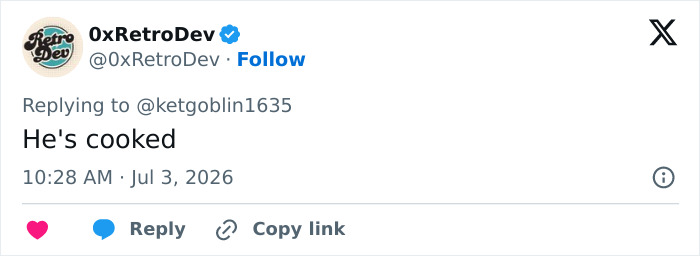 Screenshot of a social media comment: 0xRetroDev says, He's cooked, referencing the Bonnie Blue wedding photos. Screenshot of a social media comment: 0xRetroDev says, He's cooked, referencing the Bonnie Blue wedding photos.