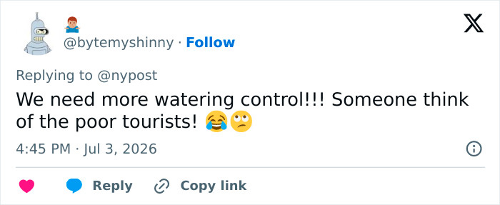 A social media post from @bytemyshinny about a 14-year-old boy terrorizing tourists with a water toy. A social media post from @bytemyshinny about a 14-year-old boy terrorizing tourists with a water toy.