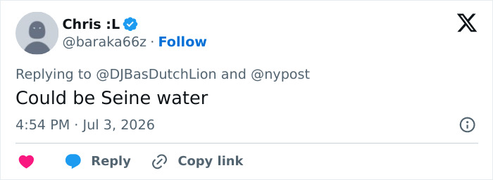 A tweet by Chris L mentioning Seine water in relation to the 14-year-old boy and water toy. A tweet by Chris L mentioning Seine water in relation to the 14-year-old boy and water toy.
