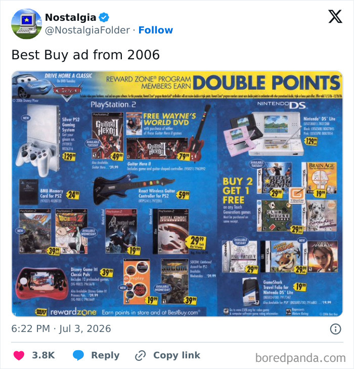 A vintage Best Buy ad from 2006 showcasing PlayStation 2, Guitar Hero, and Nintendo DS for nostalgia.