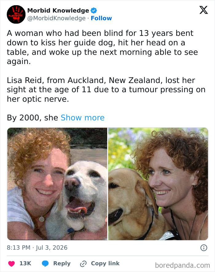 A woman with curly hair next to a golden retriever, illustrating sad stories and one of the worst days.