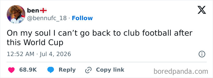 Funny World Cup tweet from ben saying he cant go back to club football after this World Cup.